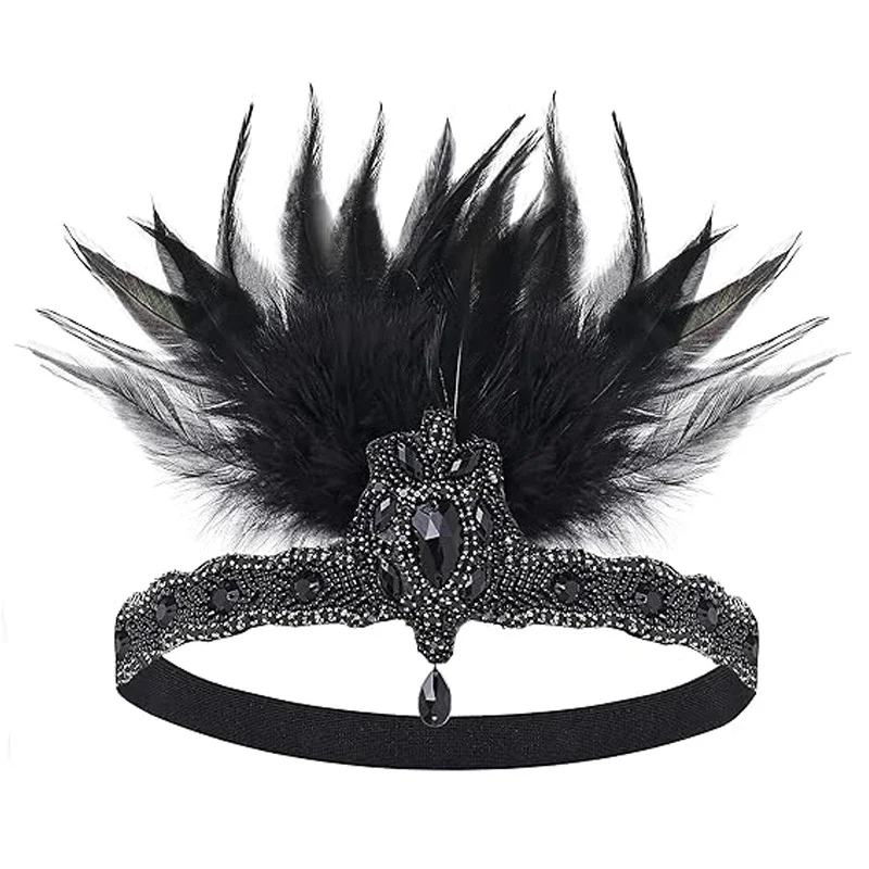 1920s Headpiece Flapper Headband - Roaring 20s Crystal Showgirl Hair Band Gatsby Headband with Feather