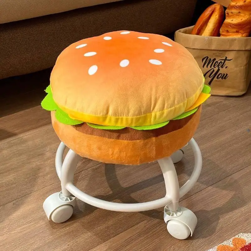 Cute Hamburger Rolling Stool, Soft Upholstered Rotating Chair With Wheels, Funny Kids Home Furniture For Living Room Bedroom
