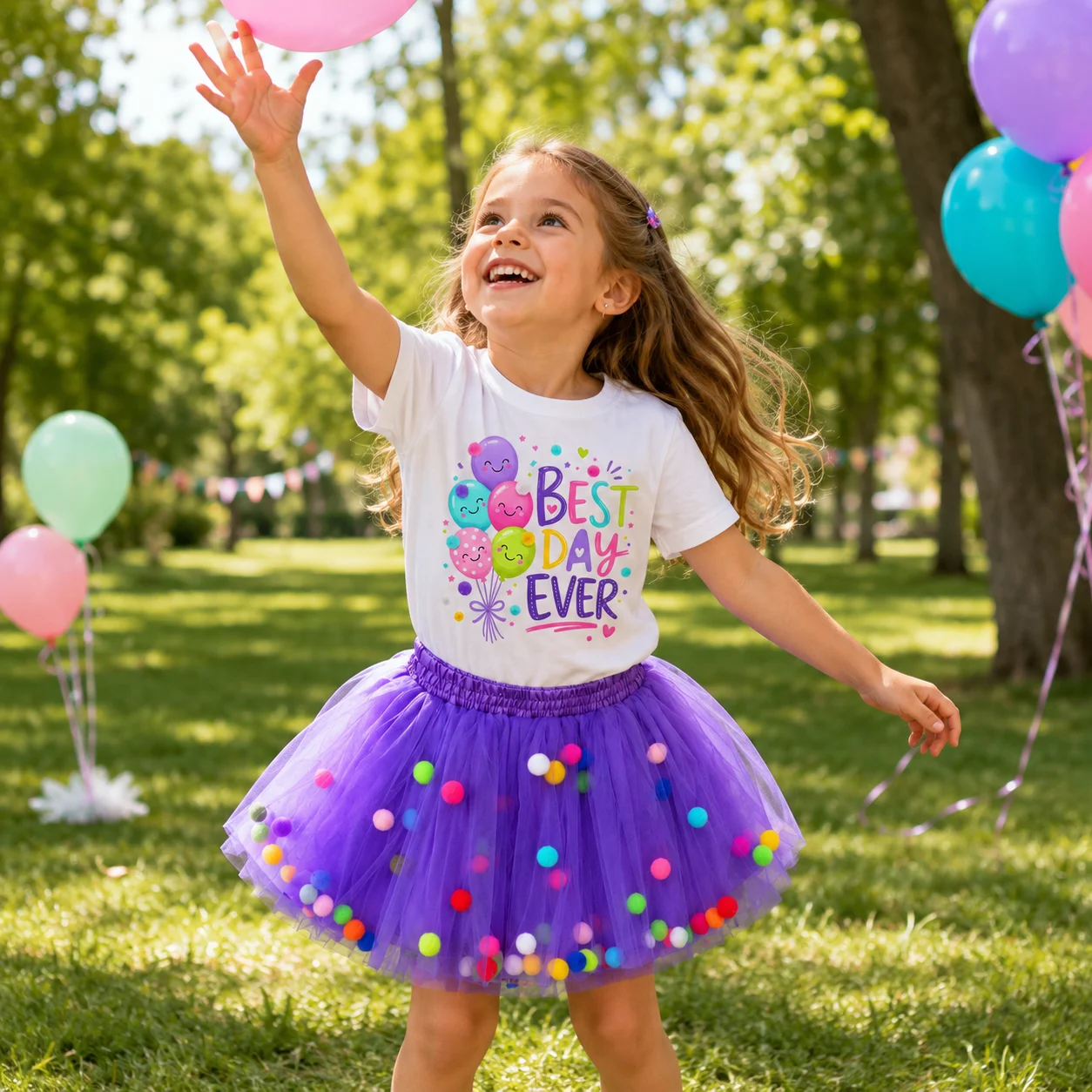 2Pcs Kids Birthday Party Outfit Cute Balloon Print T-shirt Fluffy Pom Pom Purple Tutu Skirt Toddler Girls Summer Princess Costum