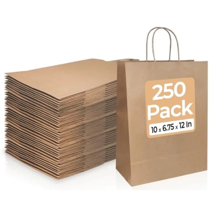 

250 Kraft Paper ags 10"x6.75"x12" wit ed andles for Take-Out To-Go Retail usin Restaurant Sopping Craft Gift ag 100 GSM rown