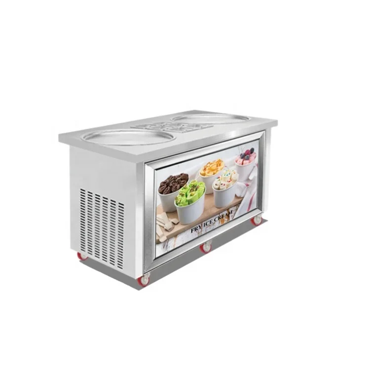 Commercial Soft Ice Cream Machine Double Round Pans Frozen Yogurt Machine Fried Ice Cream Rolls Making Machine