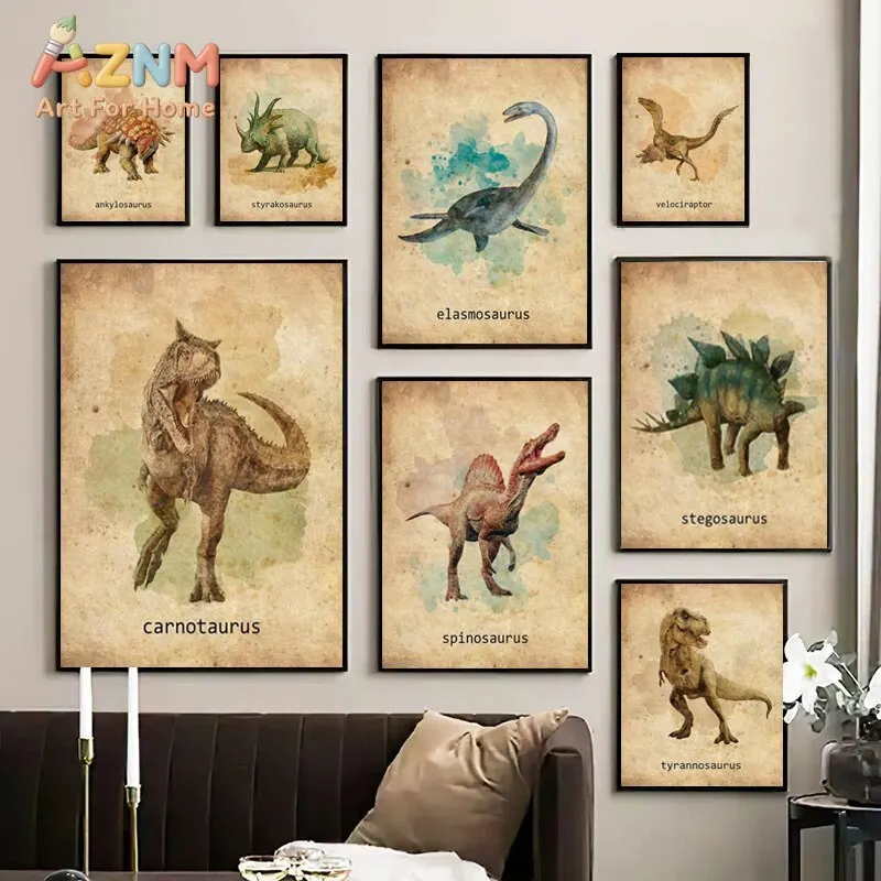 AZNM Vintage Dinosaur Canvas Wall Art Retro Old Paper Dino With Species Names Print Painting for Kids Boys Bedroom Playroom Home
