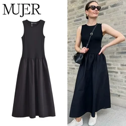 MUJER Black Pleated Long Dresses for Women Knitted Sleeveless Maxi Dress Woman Vintage Party Womens Dresses Spring Casual Dress