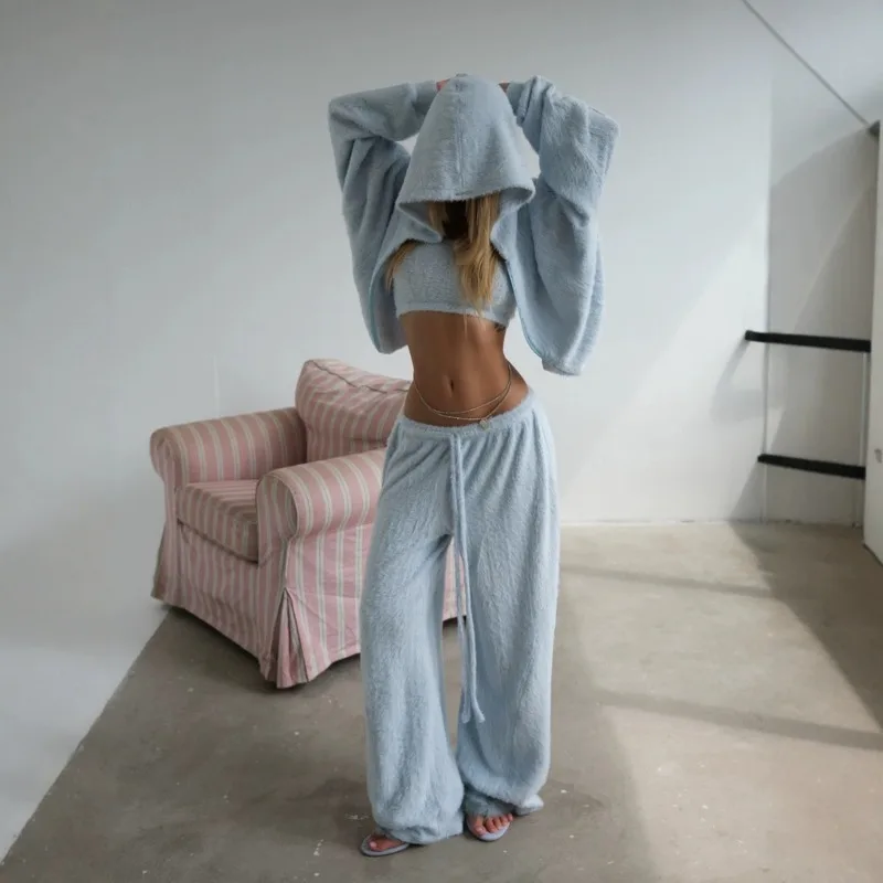 2026 Plush Two-piece Set Pink Light Bule Female Mink Hair Hooded Jacket Wide-leg Pants Solid Fashion Woman Pant Suit Autumn