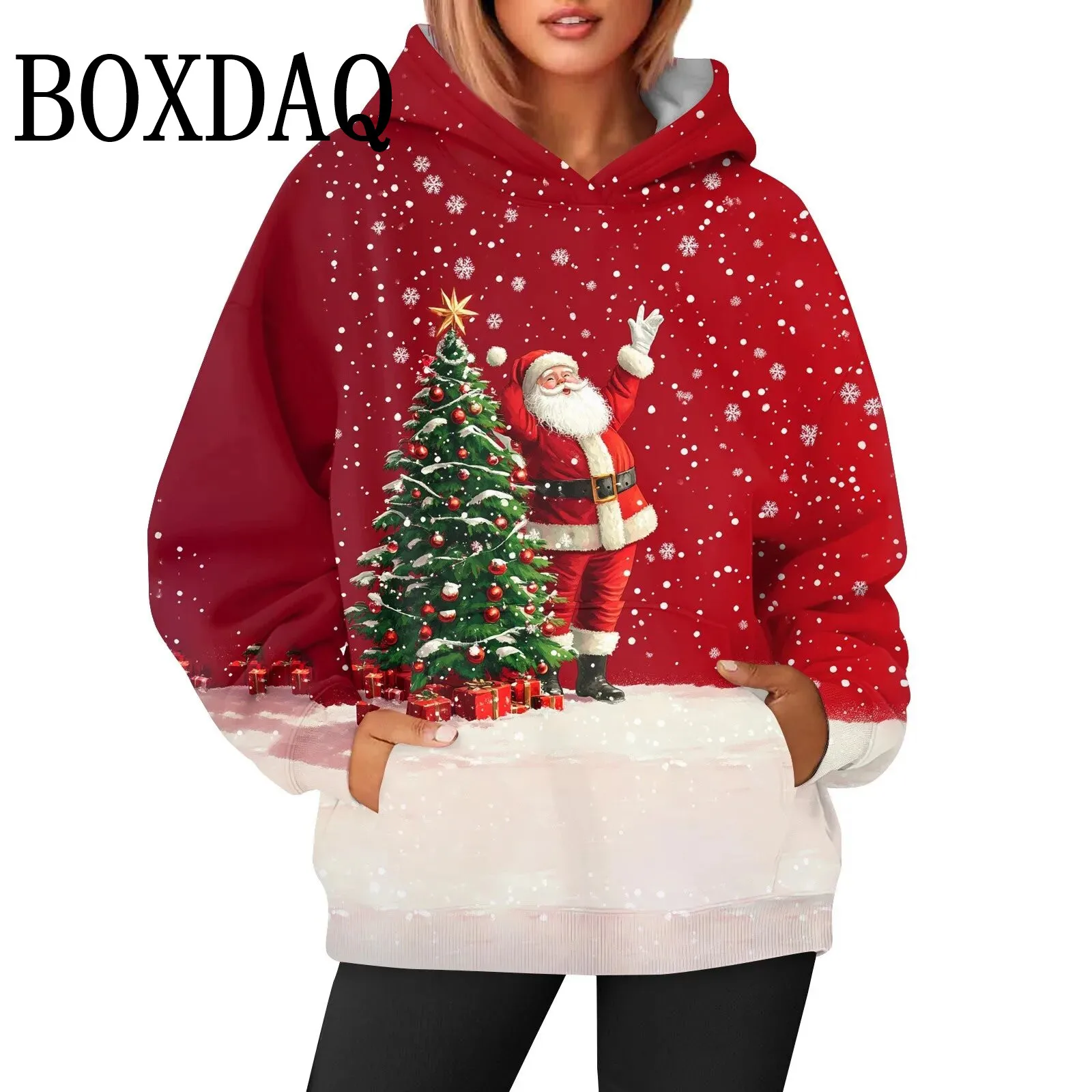 New Year Christmas Tree Print Sweatshirts For Women Fashion Cartoon Funny 3D Santa Claus Pattern Hoodies Pullover Winter Clothes