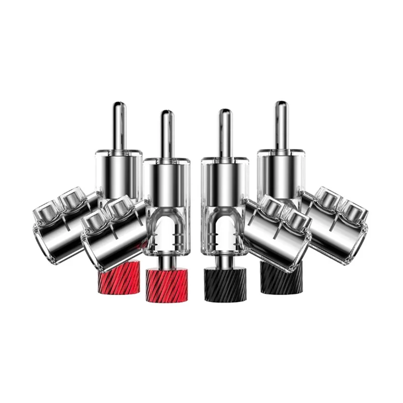 45-градусные штекеры типа «банан» с двойным винтом, фиксирующий динамик, двойной винтовой фиксатор, прямоугольный штекер типа «банан» с родиевым покрытием