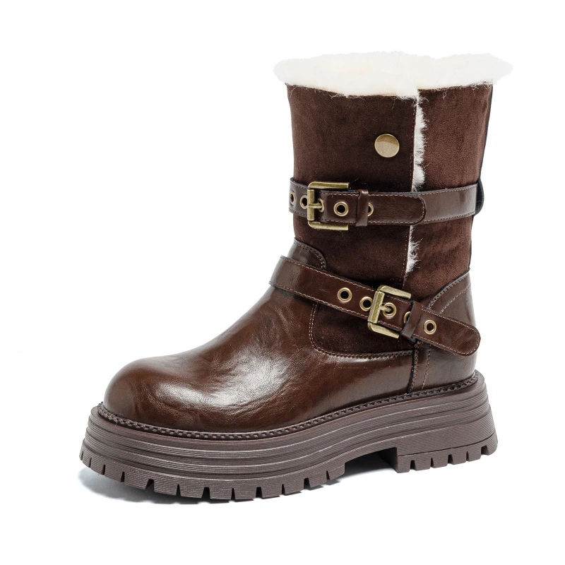 CICIYANG Women's Snow Boots 2025 Winter New Platform Knight Boots Genuine Leather Female Anti-slip Booties Ankle Boots