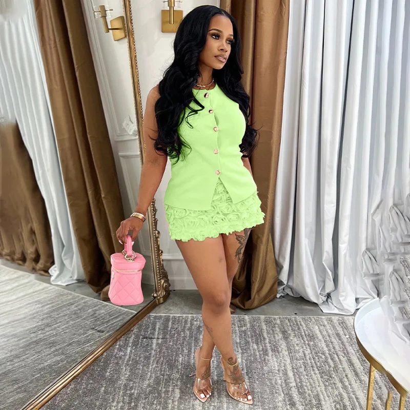 شقيقة ستار المرأة مثير هوتي بلون بلا أكمام أعلى ثلاثي الأبعاد زهرة الدانتيل التفاف الورك نصف تنورة قطعتين مجموعة