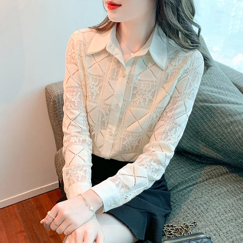 

QOERLIN Stylish Jacquard Embroidered Shirts Women Long Sleeve Elegnat Turn Down Collar Single-Breasted Casual Chiffon Blouse