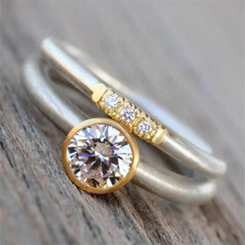 

Minimalist Inlaid White CZ Women's Set of RingsTrendy Two Color Geometry Daily Wear Party Jewelry Anniversary Gift