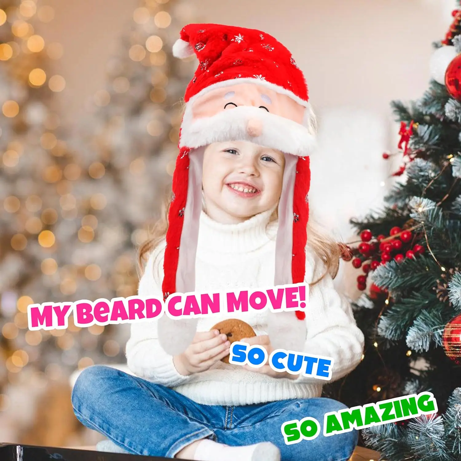 Santa Claus Christmas Hat Ear Moving Hat Cute Jumping up Soft with Bear Move Hat Xmas Decoration Christmas Gift for Kids Adult