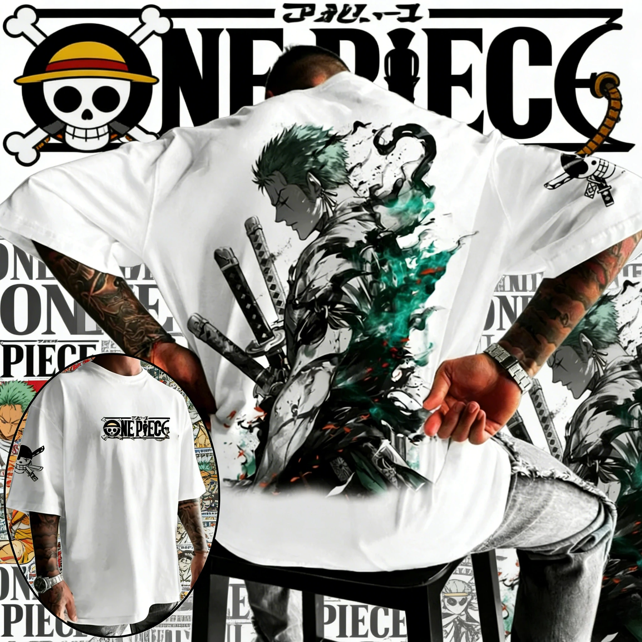 

2026 Summer One Piece Roronoa Zoro Cotton T-Shirt Vintage Ink Anime Print Short Sleeve Casual Streetwear for Anime Fans Y2k