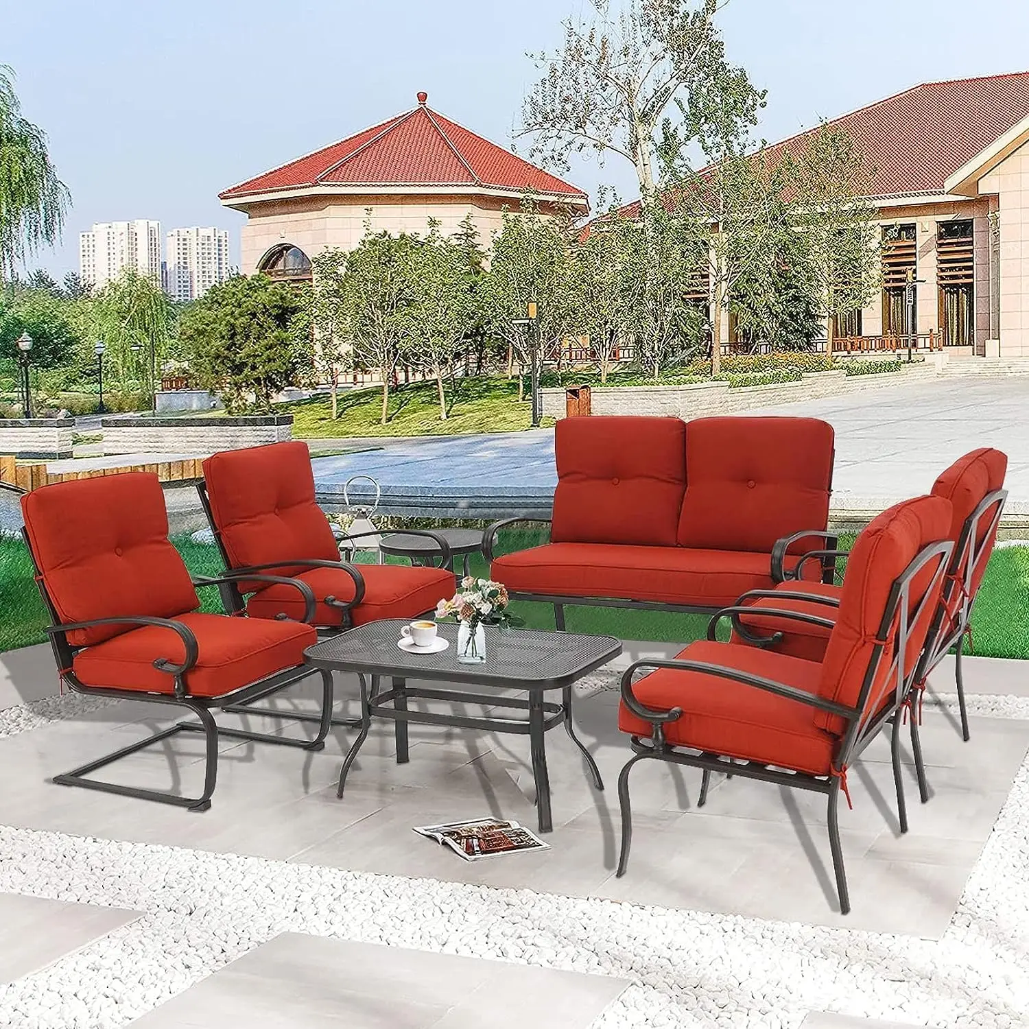 

Outdoor Metal Furniture Sets Patio Conversation Set Wrought Iron Loveseat, Single Chairs, Coffee Table with Cushion