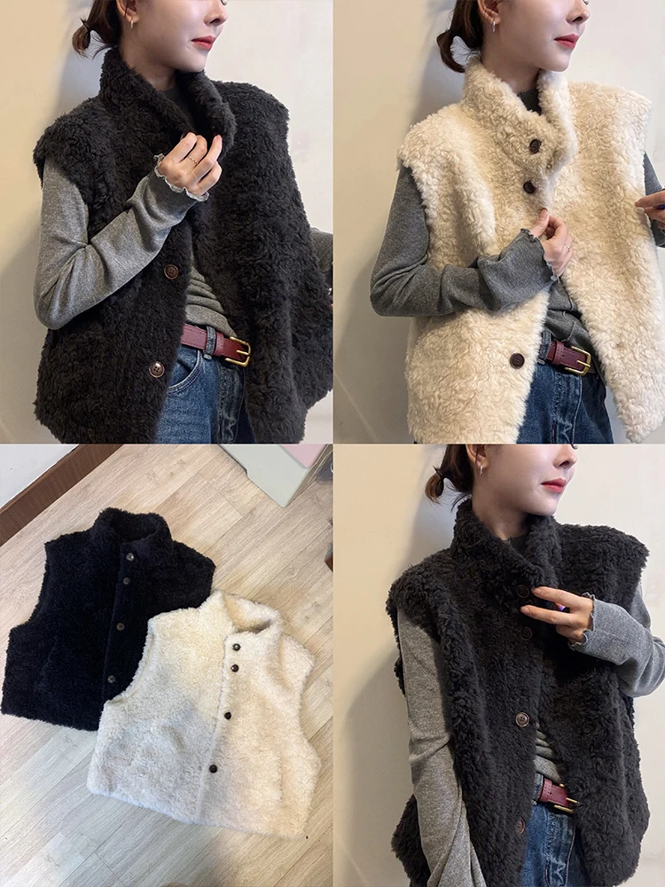 Faionable Lamb Fur Vest Women's Autumn Winter Thiened Svel Jaet Outerwear ort Top Layering Sle Stand Fit P...