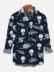 2024 New Men's Printed Long Sleeve Shirts Alien UFO Men's Printed Fashion Tops Large Size Casual Men's Shirts