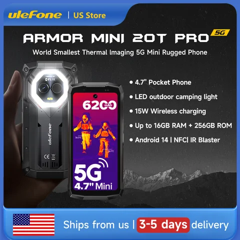 Ulefone Armor Mini 20T Pro 5G 4.7' Display Rugged Phone Android 14 LED Light 6200mAh 16GB+256GB Thermal Imaging 33W Smartphone