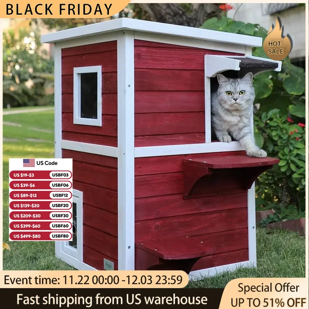 Outdoor Cat House Bed Cats 2 Story Outside Cat Shelter Condo Enclosure With Escape Door for Stray Feral Cats Weatherproof Kennel