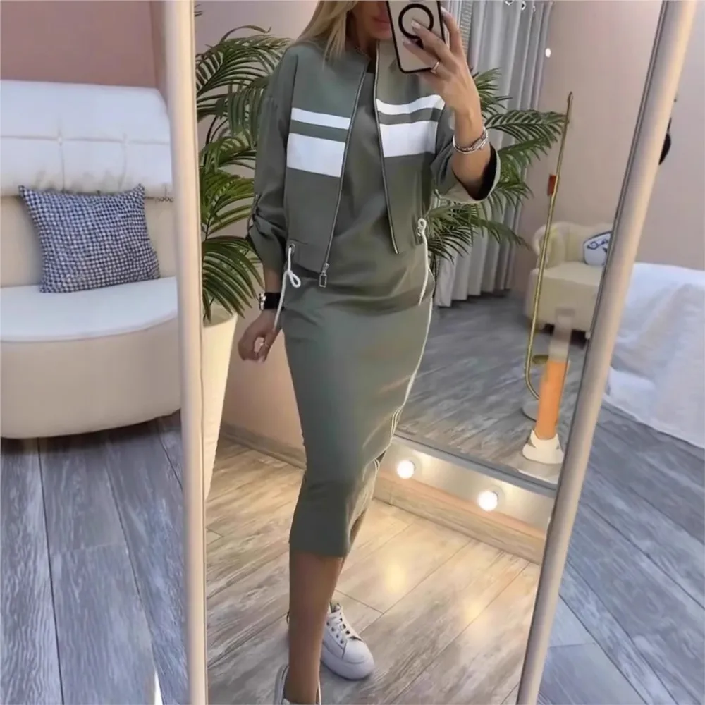 2piece Set Female Casual Zipper Jacket Coat Dress Suit Women's Fashion Color-blocked White Striped Hip-covering Sweatshirt Dress