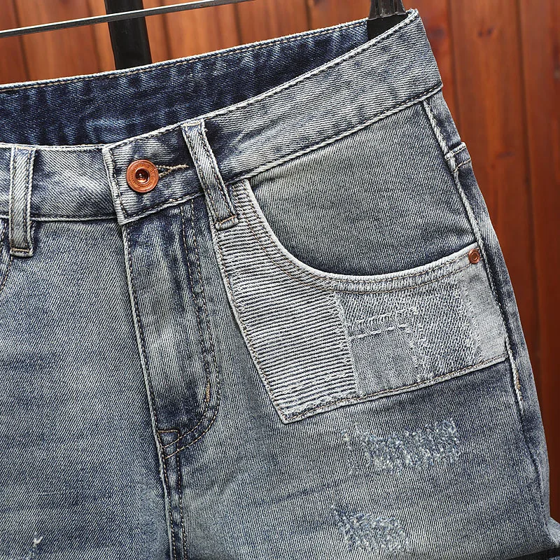 Trendy brand summer denim shorts men's patchwork design trendy and fashionable denim five quarter pants