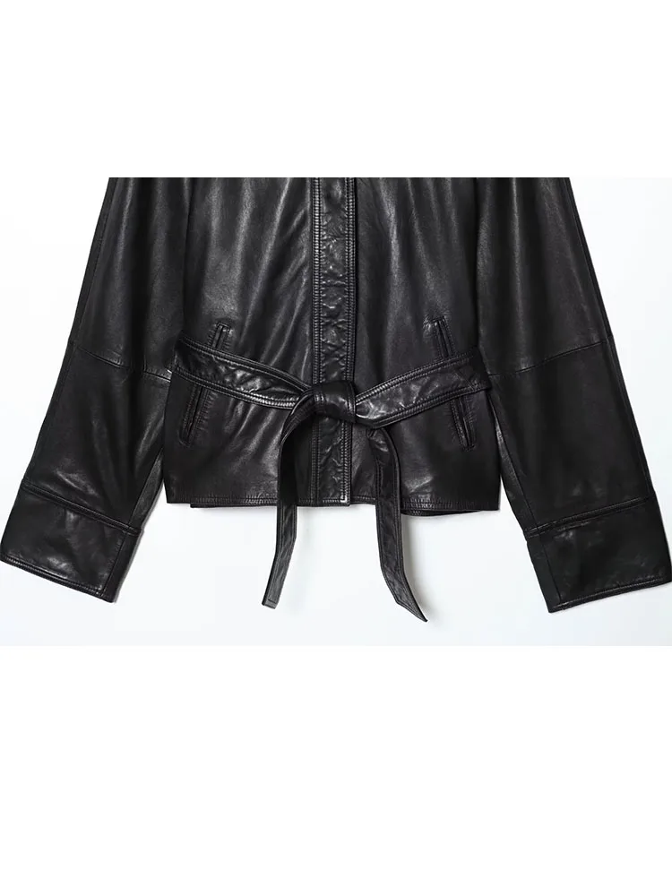 HH المرأة الموضة الرجعية تنوعا الدانتيل متابعة فو الجلود سترة قصيرة الإناث مزاجه بسيط عادية التلبيب كم طويل سترة #4