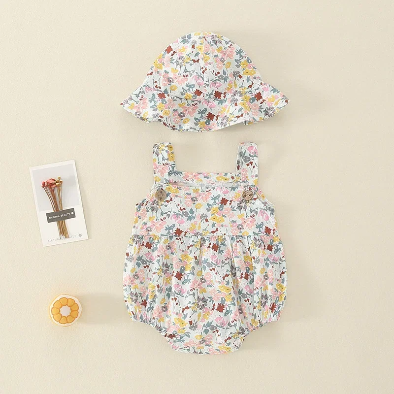 

Summer Baby Girls Clothes Lovely Baby Romper+Hat Sleeveless Vest Cotton Floral Infants Clothing One Piece Jumpsuits