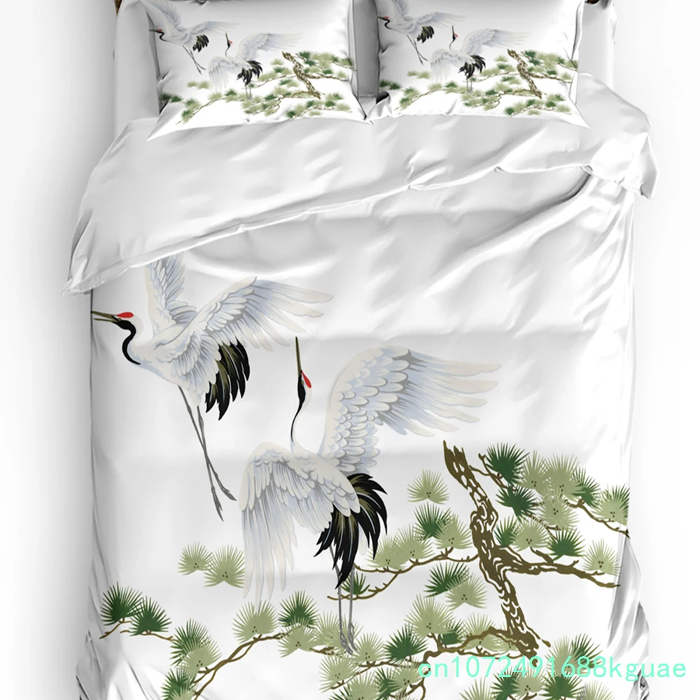White Crane Pine Tree Art Printed Comfort Duvet Cover Pillow Case Home Textile Quilt Cover Boy Kid Teen Girl 3pcs Bedding Set