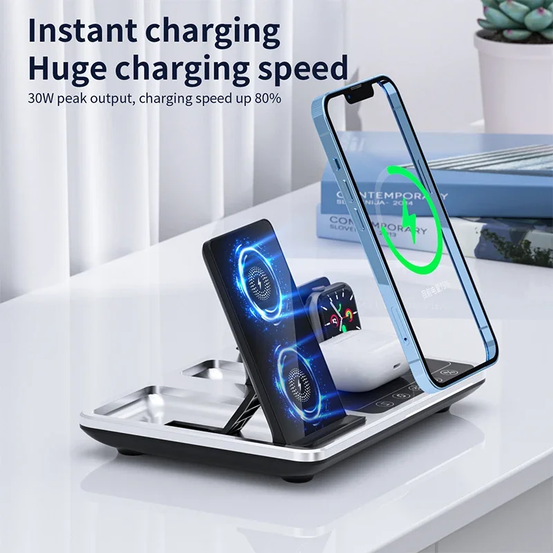 4 in1 Wireless Charger Dock Alarm Clock Fast Charger Stand for iphone 14 13 12 for iWatch Airpods Mobile Phone Charging Station