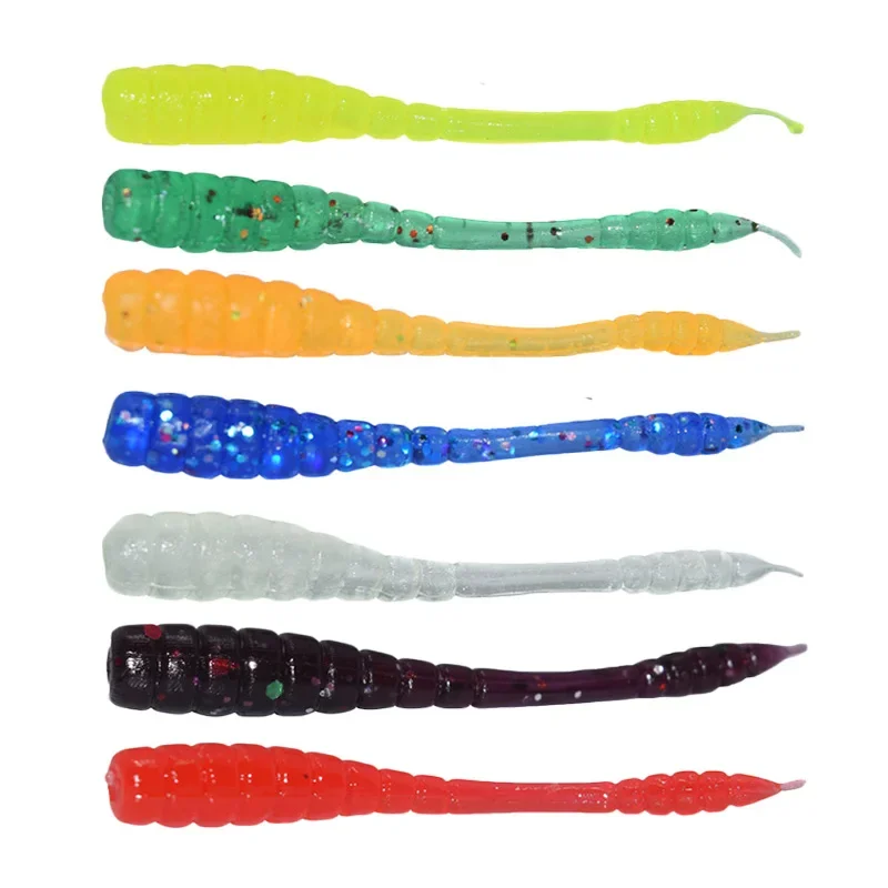 50 pçs verme vermelho isca de pesca macia 4.5cm 0.45g com cheiro de sal 7 cores cheiro de peixe artificial silicone isca pesca equipamento de pesca