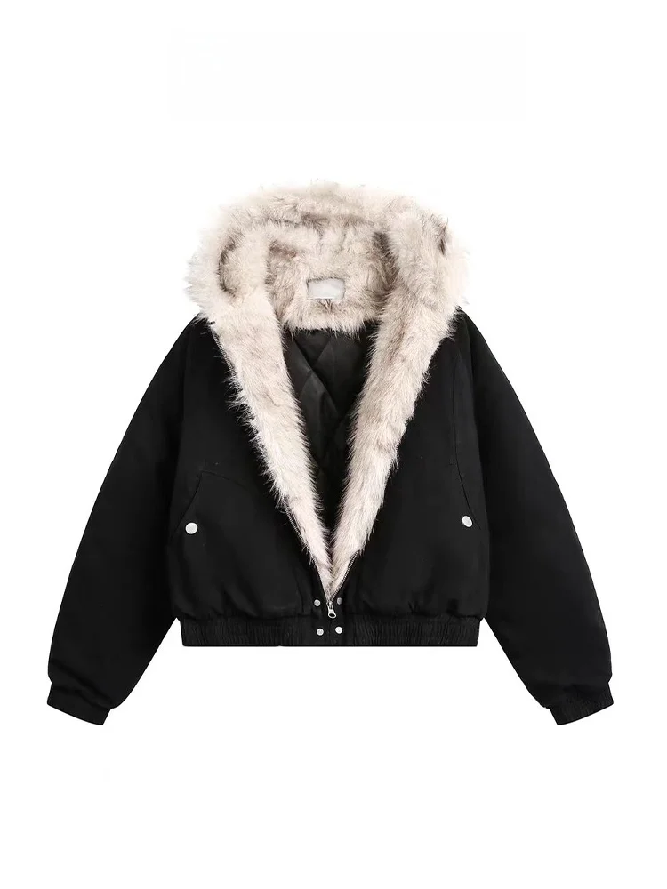 Jaet de algodón con capucha y cuello peludo Retro americano para mujer, abrigo de algodón a la moda con forro de Fce para invierno