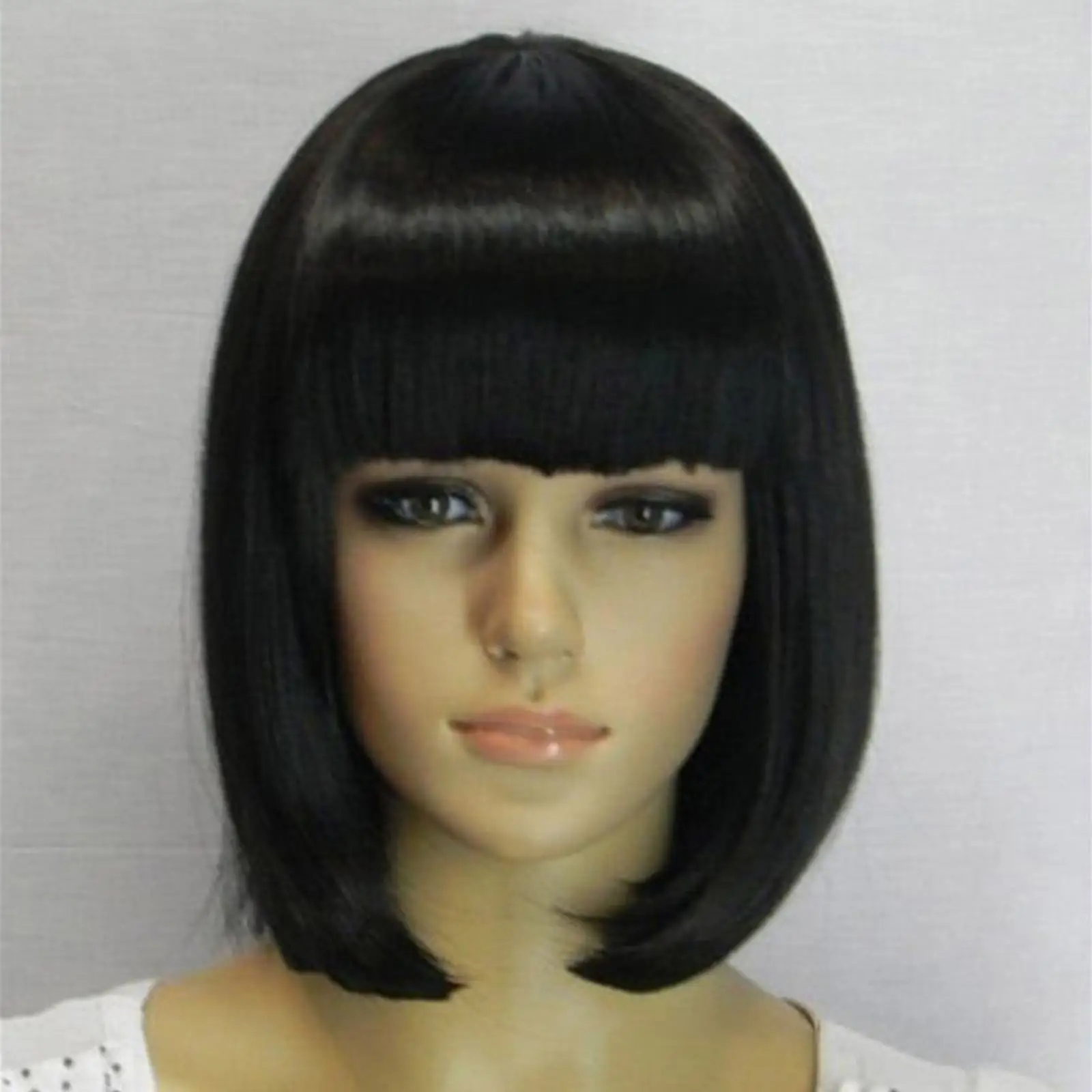 Short Hair Fei-Show Synthetic Heat Resistant Fiber Black Bob Wig With Flat Bangs Modern Show Cosplay Halloween Carnival Wigs