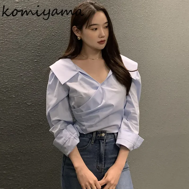 Komiyama Chic Cross Ruched Shirts Lapel Neck Long Sleeve Blouses New Aesthetic Tops Solid Casual Shirt Spring Clothes Women