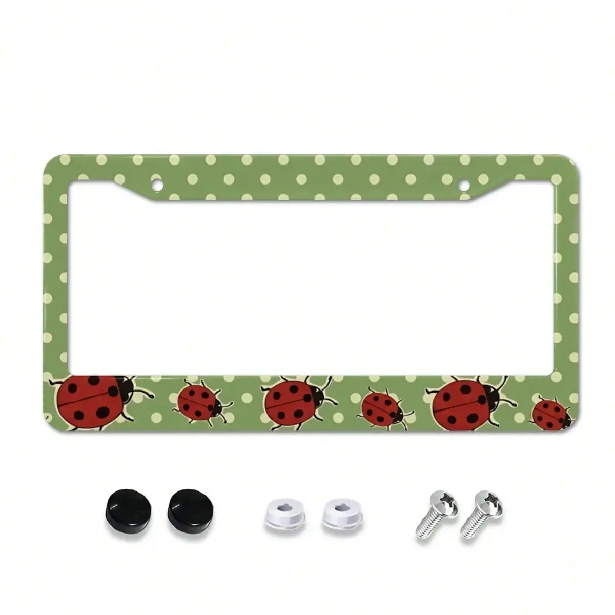 Stainless Steel License Plate Frame Green Polka Dot Ladybug Print No Block Corrosion Proof Mounting Hardware Car Tag