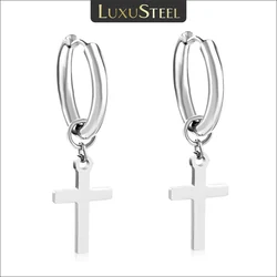 LUXUSTEEL Gothic Men Cross Pendant Drop Dangle Earrings Silver Color Stainless Steel Hoop Circle Punk Ear Jewerly BFF Gifts