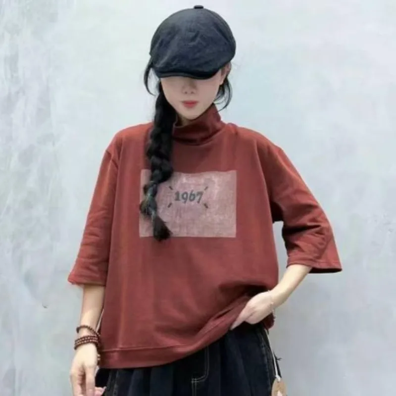 Dimanaf 2024 Autumn Solid Elastic T-shirt Women Letter printing High-necked Solid Short Sleeve Loose Tops Tees