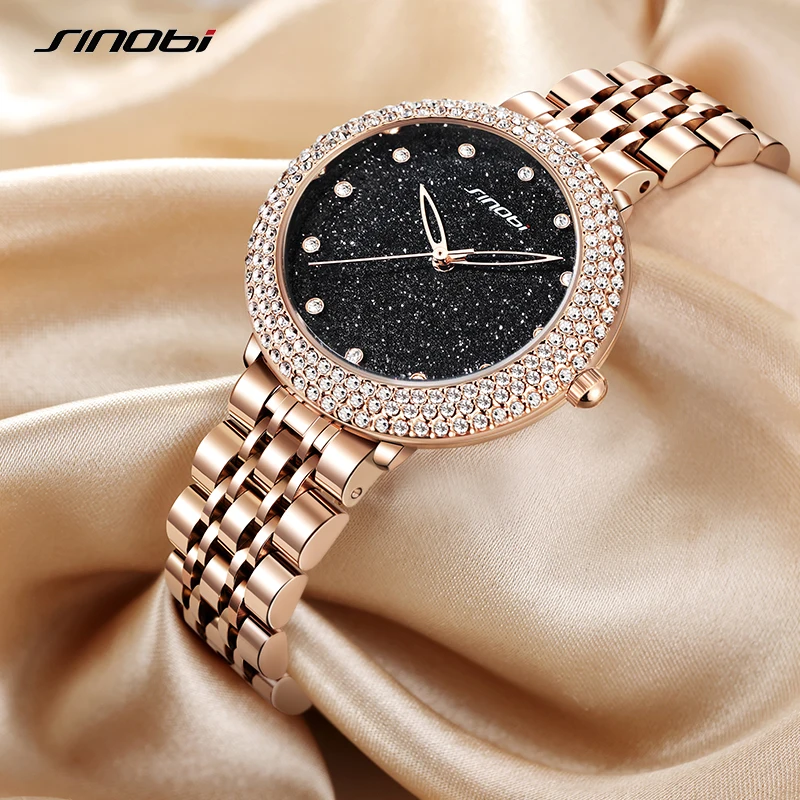 SINOBI Fashion Women\'s Watches Top Luxury Diamond Ladies Quartz Wristwatches Girls Elegant Rose Golden Gifts Clock for Wife