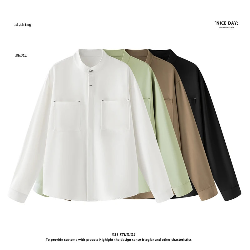 2026 Spring Round Neck Long Sleeved Shirt Men Solid Color Casual Business Dress Shirts Classic Double Pocket Decorative Shirt