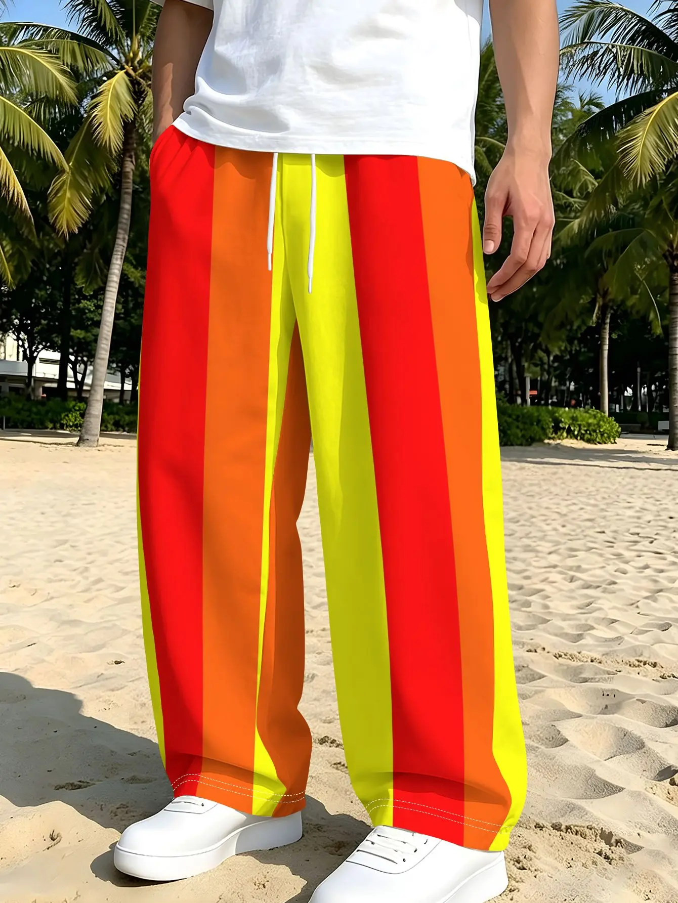 Amerikanische Street-Regenbogen-Streifen-Hose für Damen und Herren mit elastischem Kordelzug an der Taille, gerade geschnitten, lässig, sportlich – Detail 4