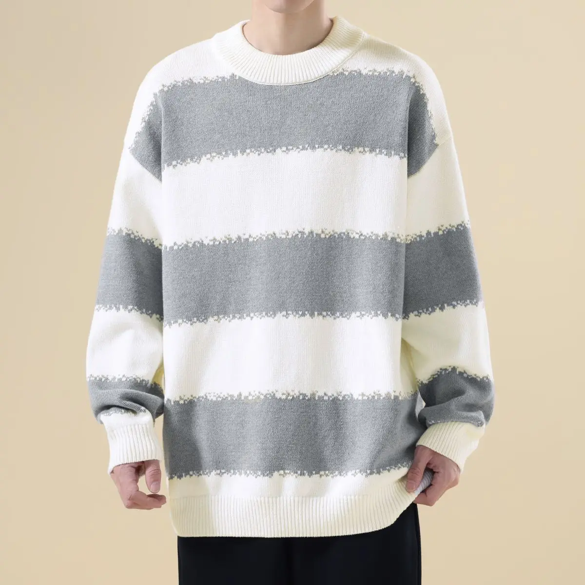 Sweater Rajut Pria Longgar Musim Gugur Musim Dingin Kerah Bulat Santai Thermal Motif Garis Kasual Nyaman Lembut Poliester
