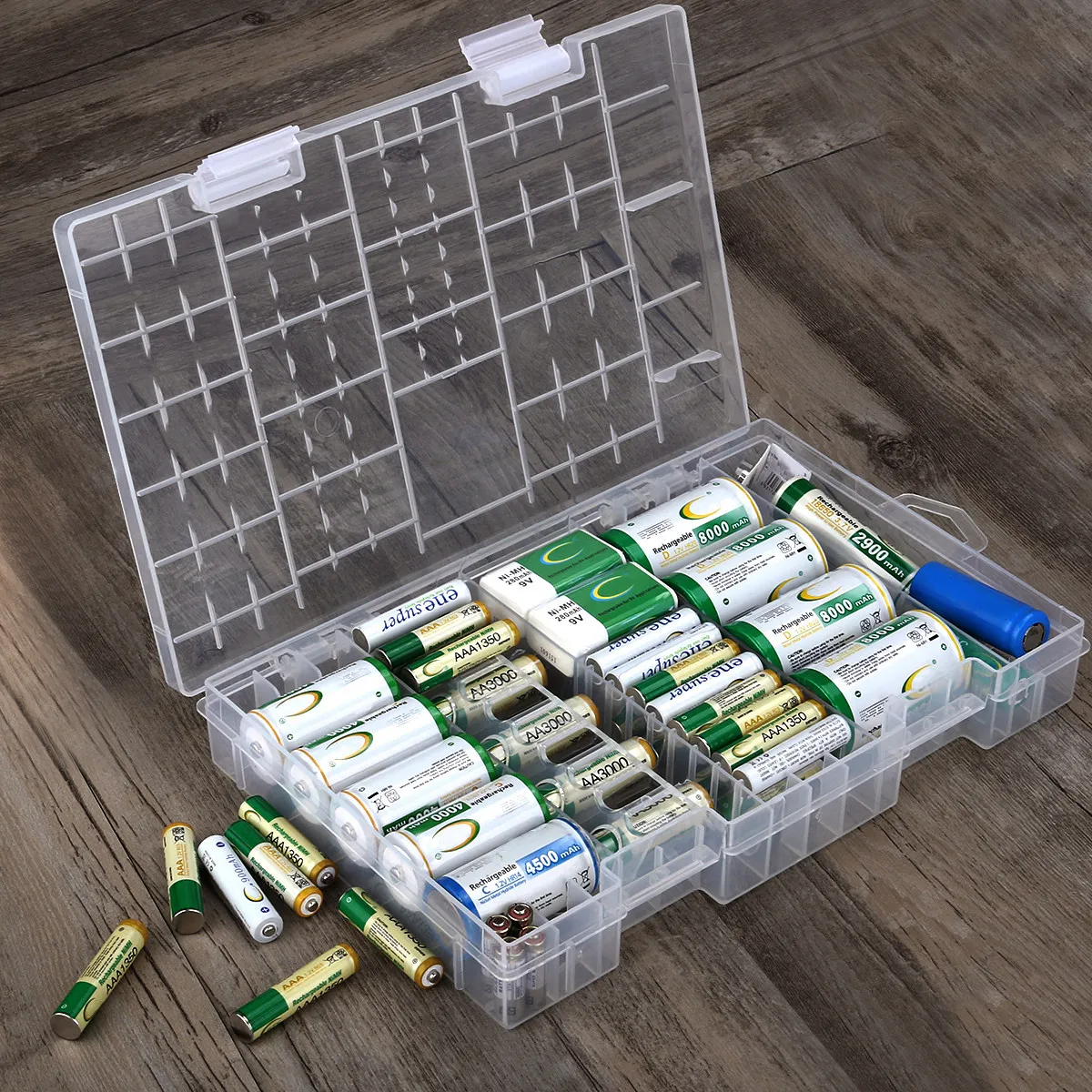 Hard Plastic Transparent Battery Organizer Storage Case for Aaa Aa 9V Batteries Grooved Slots Non-Slip Adjustable Storage