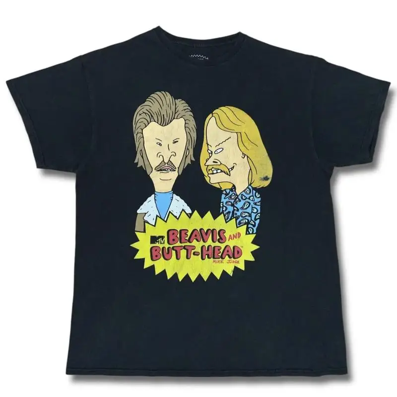 Beavis & Butthead T-Shirt Men's Large Black 70s Big Hair & Mustaches Retro MTV
