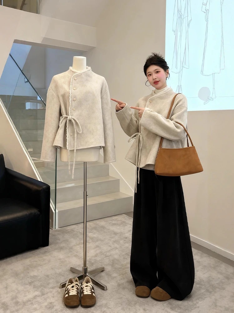 

Ele Winter Faion Set Large Size Woolen Coat And Wide Leg Pants High Waist Design Small Fraance Sle Casual Wear