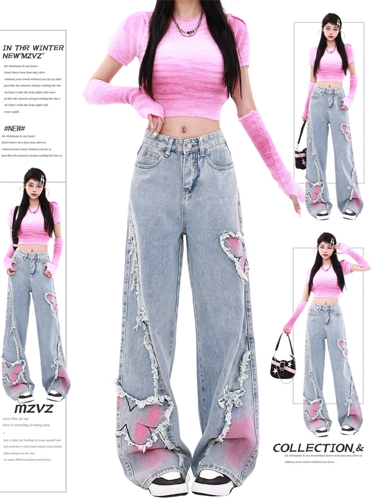 

WCFCX STUDIO Womens Jeans Butterfly High Waist Straight Baggy Denim Pants American Style Fashion Y2K Female Wide Leg Trouser