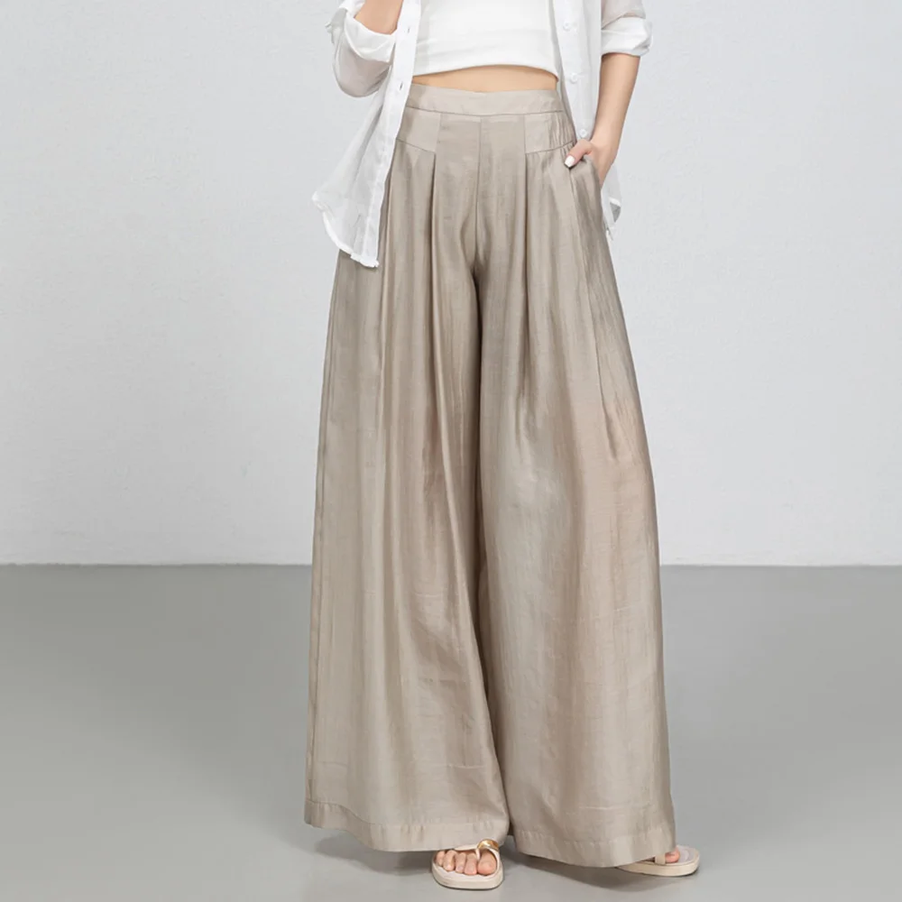 Acetate lyocell wide leg pants women 2026 new summer thin breathable fashion linen baggy trousers skirt fashion elastic waist