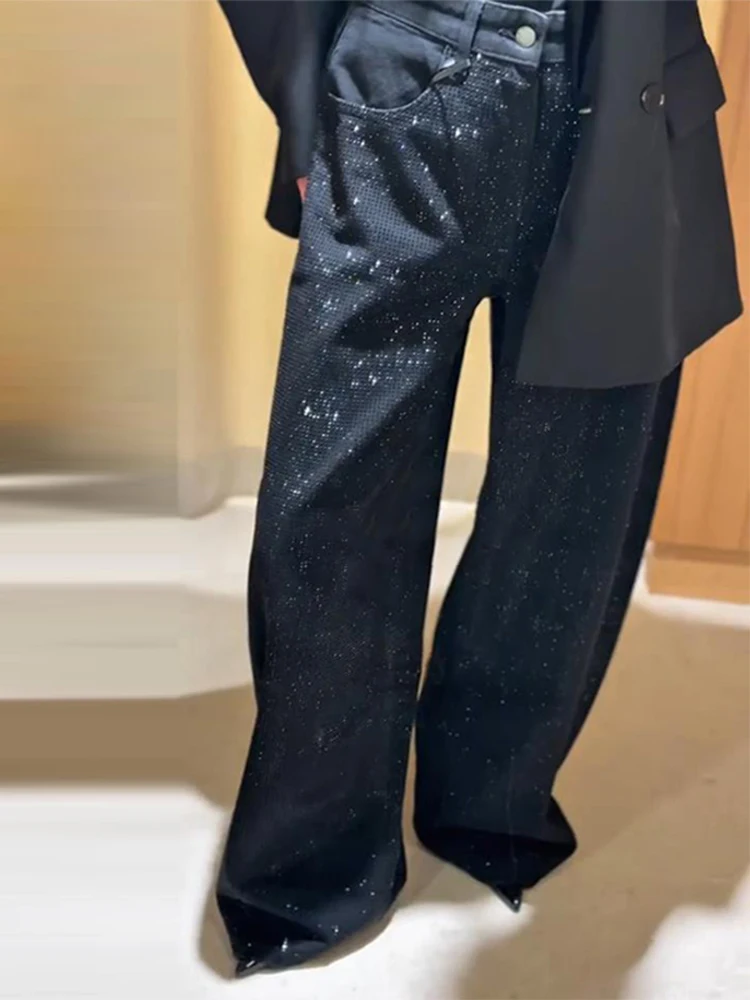Casual Sequined Denim Trousers Women Fashion Long Loose Solid Wide Leg Straight Pants Female 2026 Autumn Shinny Party Lady Pant