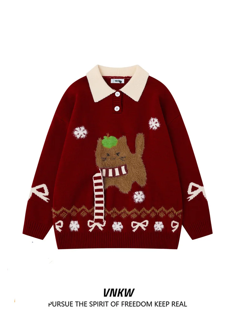 

Retro Cisas Pattern Thiened Knitted Sweater Loose Lazy Sle Couple's Sweater Autumn Winter Men Women Casual Faion