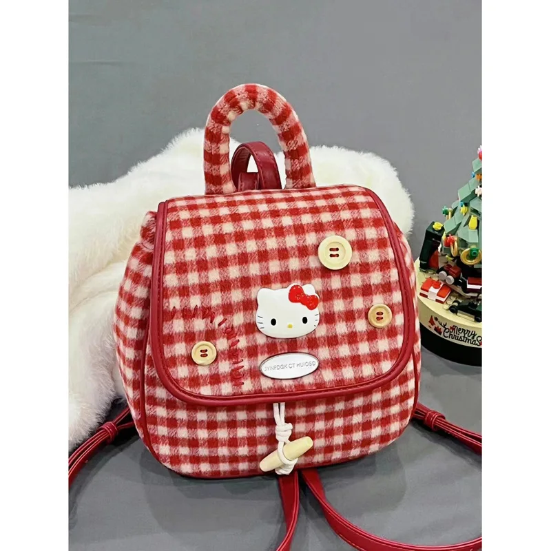 Sanrio Hello Kitty new retro red plaid small backpack girls bag mini travel light carry-on backpack