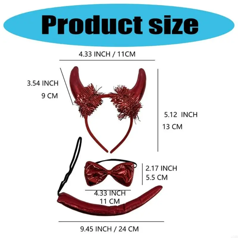270D حزمة من 3 إكسسوارات أزياء الشيطان الأحمر عصابات رأس وأقواس وربطات ذيول لموضوعات حفلات أعياد الميلاد التنكرية #6