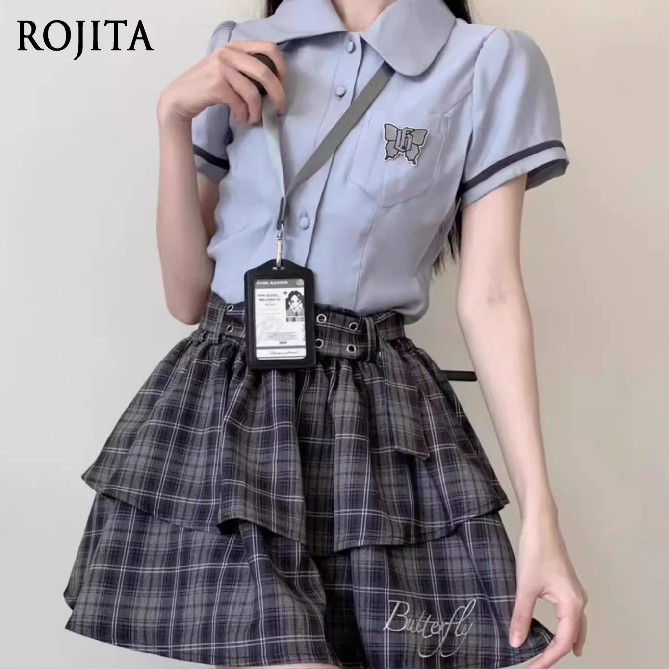 

Комплект в академическом стиле: сине-серое клетчатое платье-жилет и тонкая юбка, женский комплект из вышитой рубашки с коротким рукавом и многоярусной юбки, весна 2026