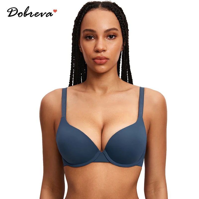 DOBREVA Women\'s Push Up T-Shirt Bra Underwire Padded Bras Plunge Full Coverage Smooth