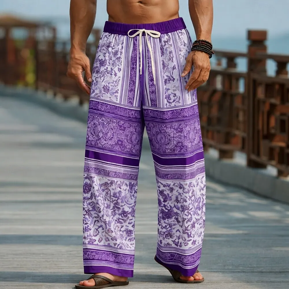 Herren 3D Blumenmuster Ethno-Print Freizeithose, Baggy Mid-Waist, Elastischer Kordelzug, Frühling/Sommer 2026 Urlaubshose – Detail 4